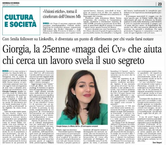 Il Giornale di Monza: «Giorgia, la 25enne “maga dei CV” che aiuta chi cerca un lavoro svela il suo segreto»